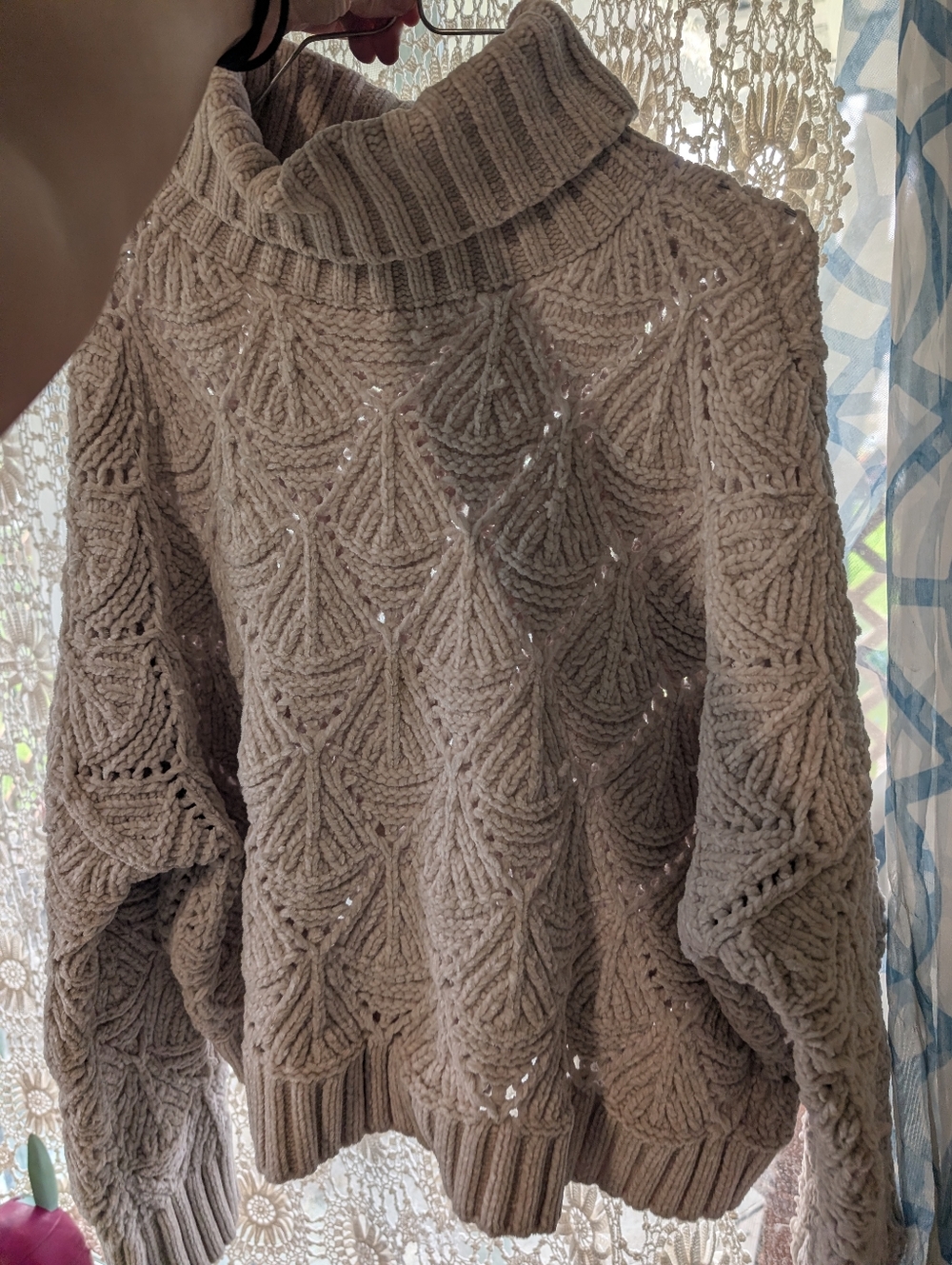 Turtleneck Cable Knit Sweater S Cream Cottagecore Fisherman Lagenlook Open Weave - Picture 4 of 11